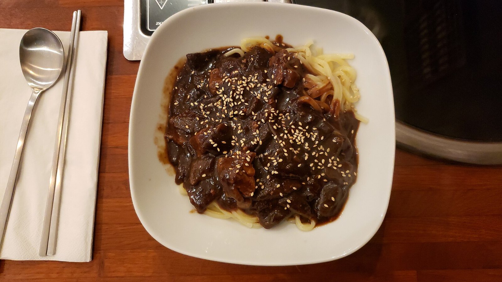 A bowl of jajangmyeon, Korean black bean noodles