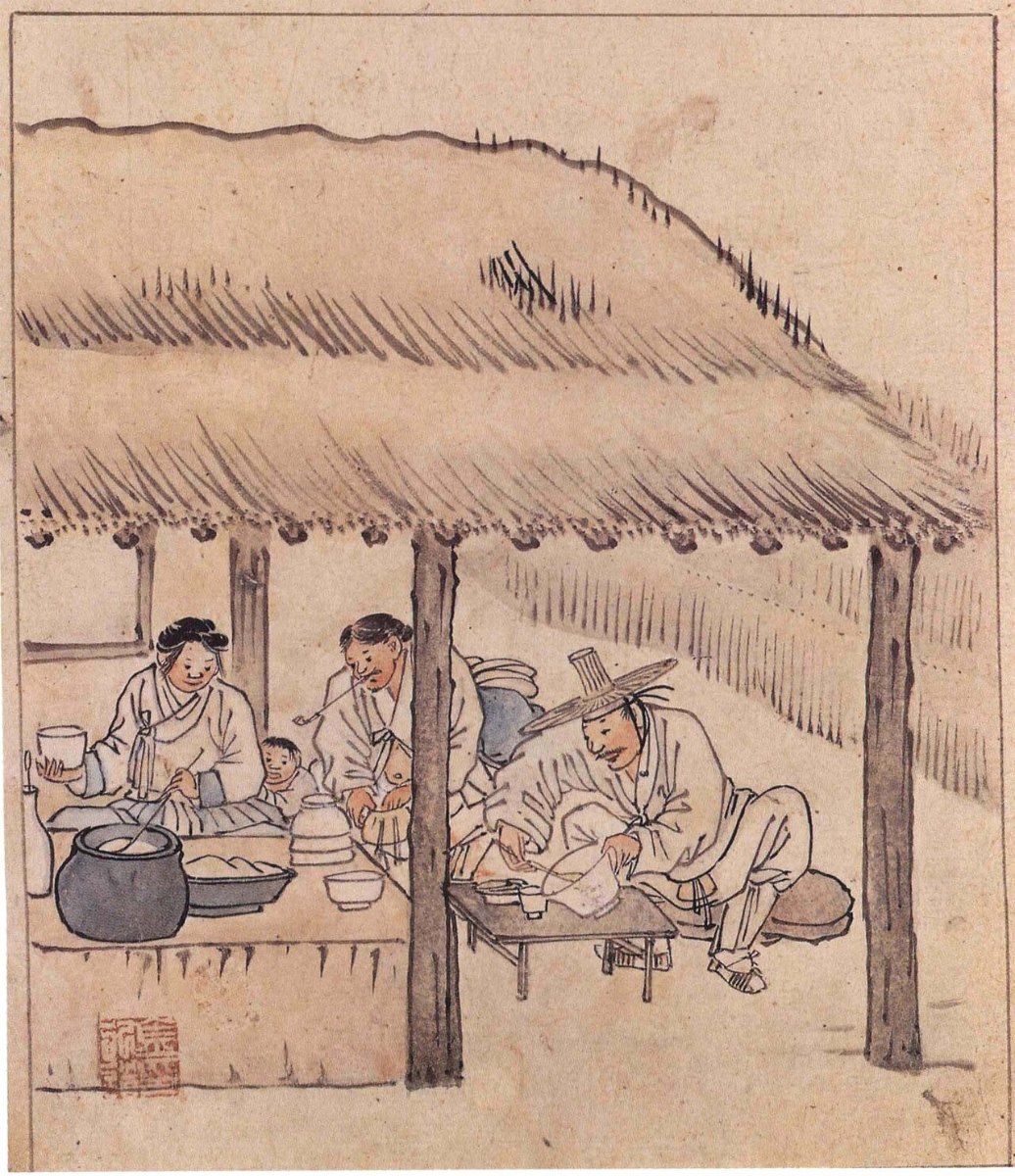 Joseon-era painting of travelers eating at a roadside tavern, by Kim Hong-do