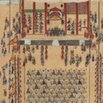 Joseon court painting of King Jeongjo's 1795 banquet for the elderly: rows of elderly guests seated in a courtyard before the royal pavilion