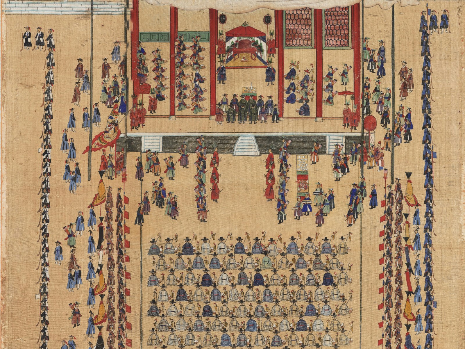 Joseon court painting of King Jeongjo's 1795 banquet for the elderly: rows of elderly guests seated in a courtyard before the royal pavilion