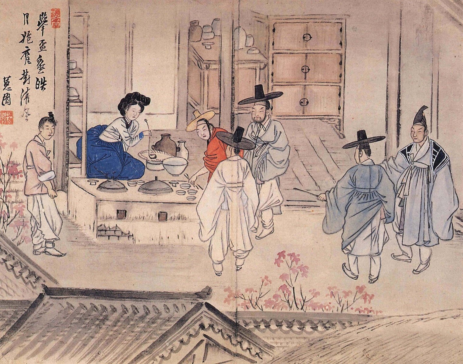 Joseon-era painting of men in hats gathered at a tavern while a woman serves drinks, by Shin Yun-bok